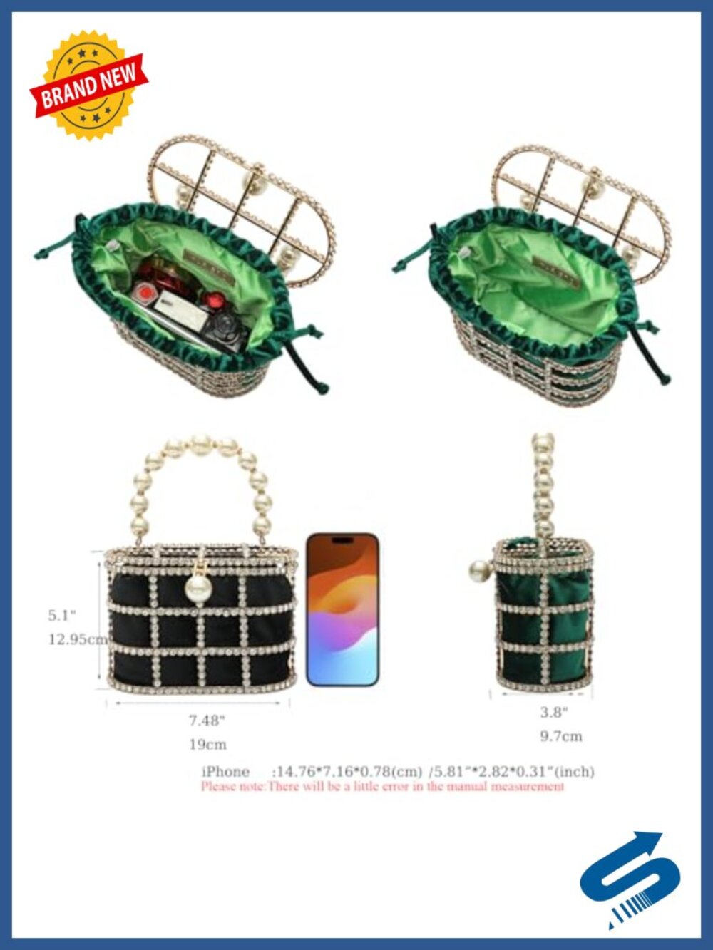 Sparkly Rhinestone Clutch Evening Bag with Pearl Handle Detachable Chain - Picture 3 of 6